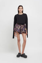 Shorts nuvola neri con tessuto broccato orientale viola e oro - YES SHOPShortsWEILI ZHENGS26PS03-XXS3977248182771