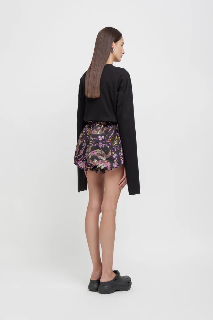 Shorts nuvola neri con tessuto broccato orientale viola e oro - YES SHOPShortsWEILI ZHENGS26PS03-XXS3977248182771
