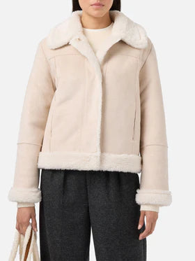 Giacca Lorayne in ecopelliccia crema con rifiniture in shearling