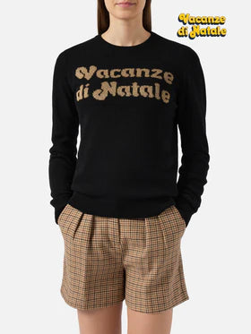 Maglione New Queen in misto cashmere nero con jacquard "Vacanze di Natale" Special Edition