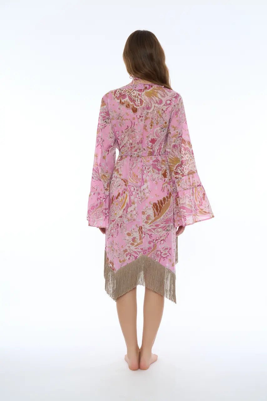Vestaglia Kaftano rosa con stampa floreale e frange - YES SHOPBeachwearMISS BIKINIV6011D-Taglia unica