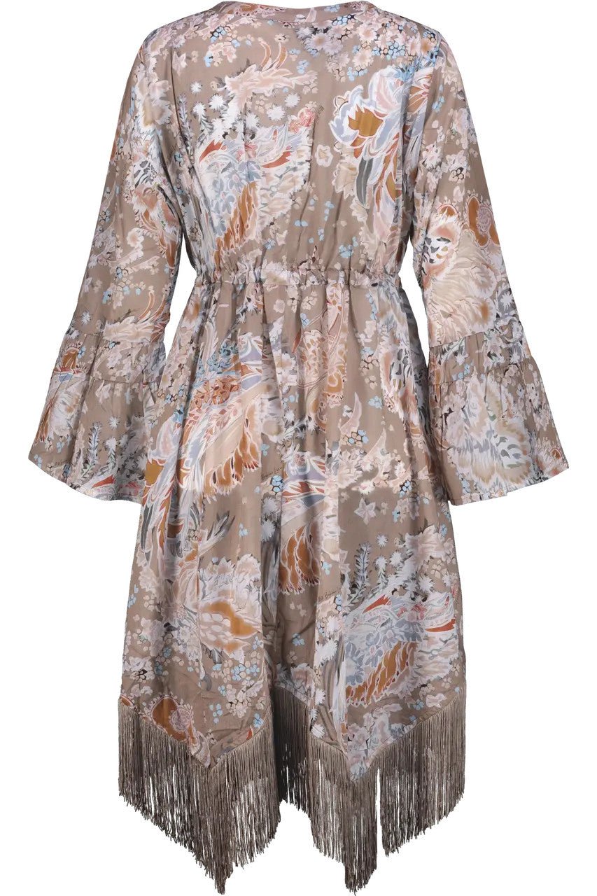 Vestaglia Kaftano beige con stampa floreale e frange - YES SHOPBeachwearMISS BIKINIV6011D-Taglia unica