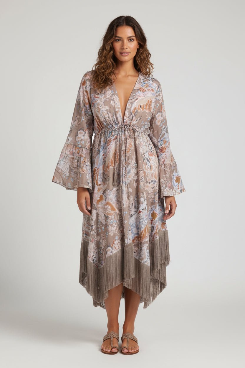 Vestaglia Kaftano beige con stampa floreale e frange - YES SHOPBeachwearMISS BIKINIV6011D-Taglia unica