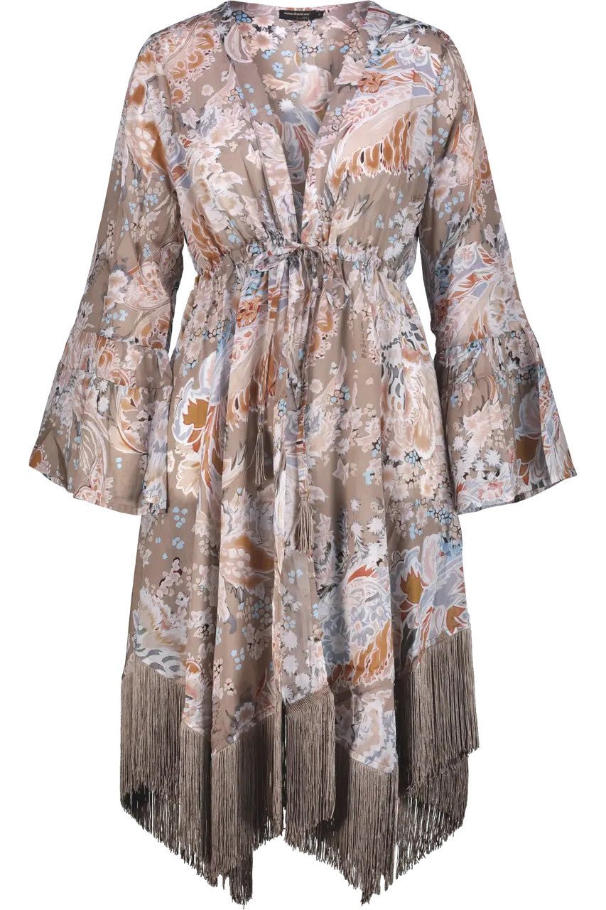 Vestaglia Kaftano beige con stampa floreale e frange - YES SHOPBeachwearMISS BIKINIV6011D-Taglia unica