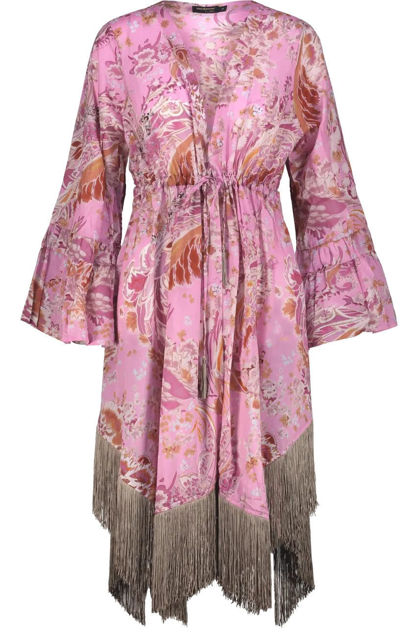 Vestaglia Kaftano rosa con stampa floreale e frange - YES SHOPBeachwearMISS BIKINIV6011D-Taglia unica