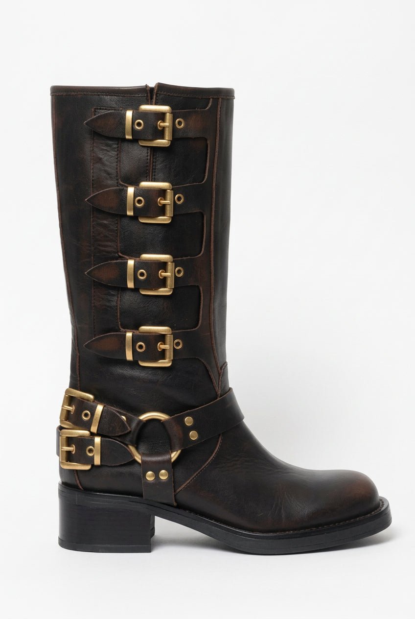 Stivale Biker Windsor marrone spazzolato con fibbie oro - YES SHOPStivaliGISEL MOIRE'WINDSOR-IT 36