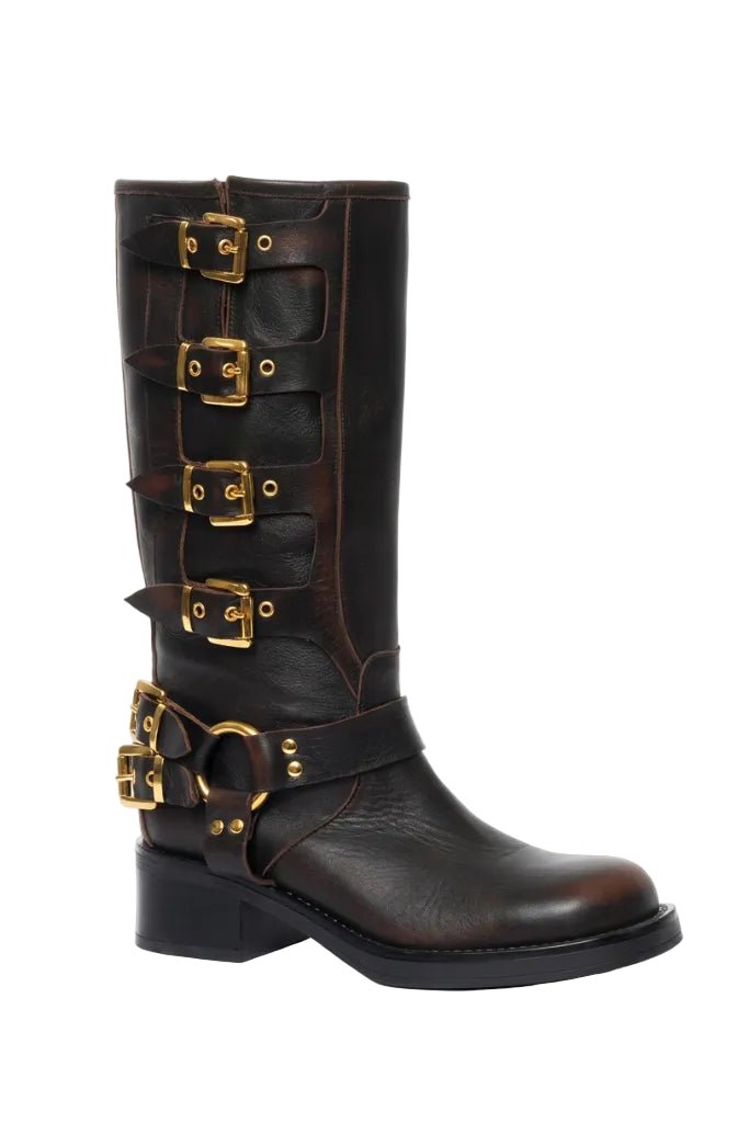 Stivale Biker Windsor marrone spazzolato con fibbie oro - YES SHOPStivaliGISEL MOIRE'WINDSOR-IT 36