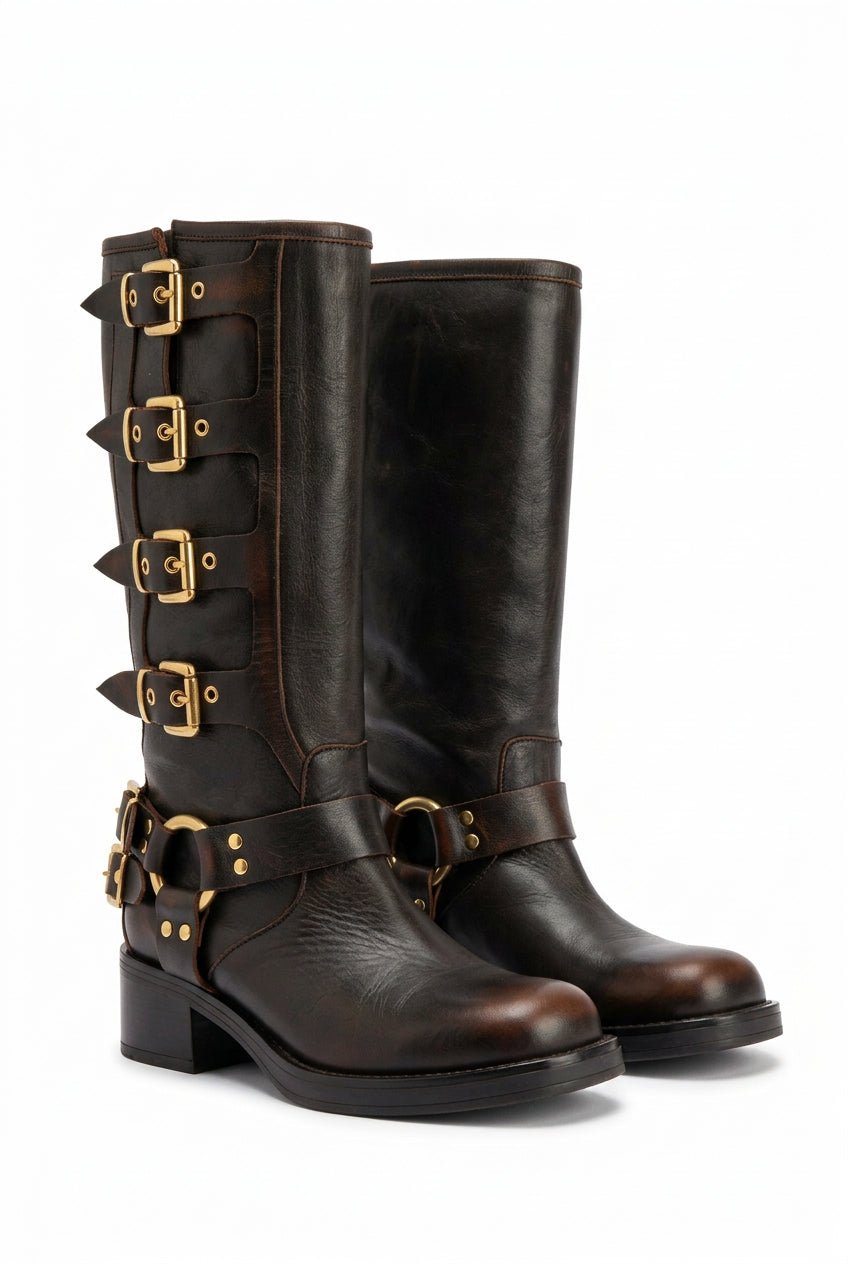 Stivale Biker Windsor marrone spazzolato con fibbie oro - YES SHOPStivaliGISEL MOIRE'WINDSOR-IT 36