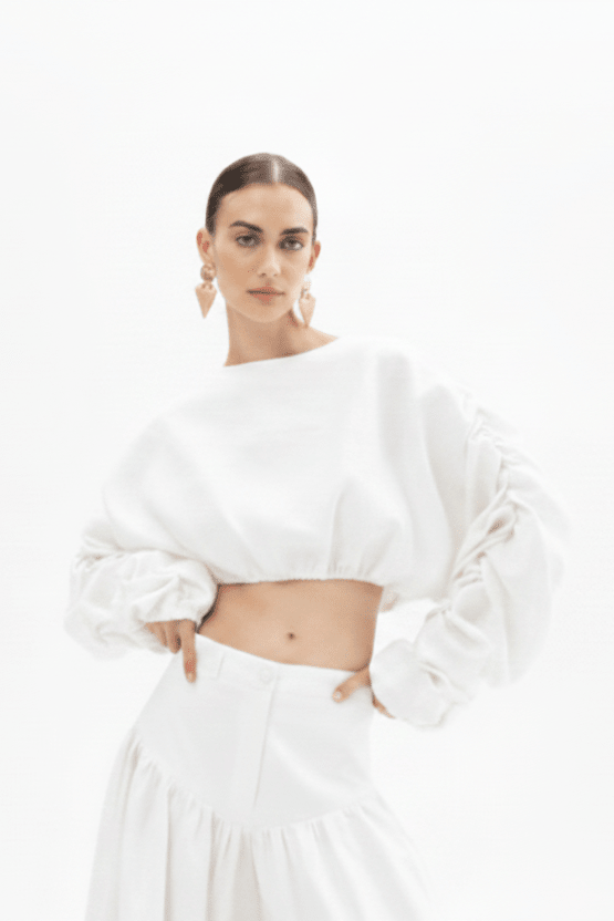 Camicia crop bianca con coulisse in vita e maniche sbuffo - YES SHOPCamicieACTUALEECA000619-IT 347329085235771