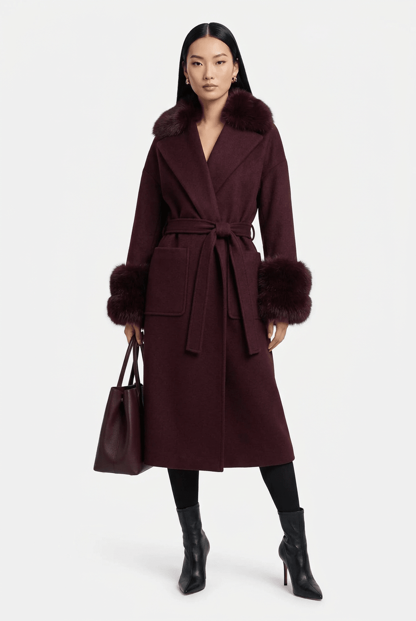 Cappotto lungo bordeaux con polsi e collo in pelliccia di volpe - YES SHOPCappottiYES LONDONCD1240-IT 38/40