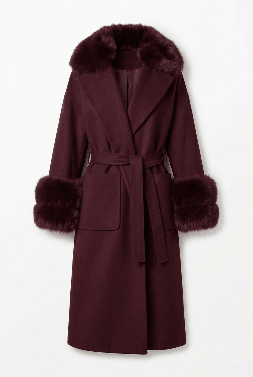 Cappotto lungo bordeaux con polsi e collo in pelliccia di volpe - YES SHOPCappottiYES LONDONCD1240-IT 38/40