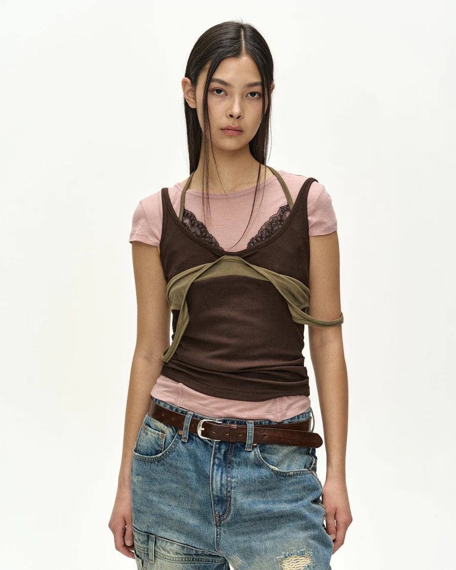 T-shirt rosa a strati con top verde e canotta marrone - YES SHOPT-shirtADSB ANDERSSON BELLATB1557W-XXS